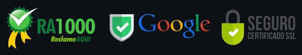 Selos de segurança: RA1000 Reclame Aqui, Google Site Seguro, Certificado SSL